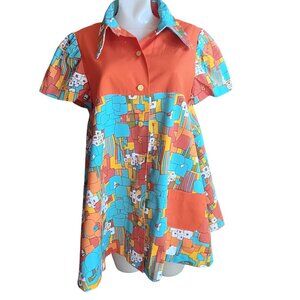 M/L 1OF1 Vintage 1960's Max Abstract Print Frock Top Dress Dayglo Orange Mod